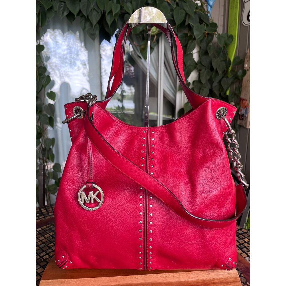 Michael Kors Astor Large Studded Red Leather Shoulder Tote Bag EUC
